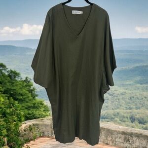 Ginger Olive Green Lagenlook Coastal V-Neck Linen Blend Midi Dress Size L